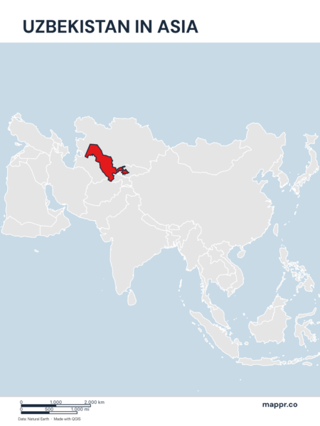A map highlighting Uzbekistan's location on the asian continent.