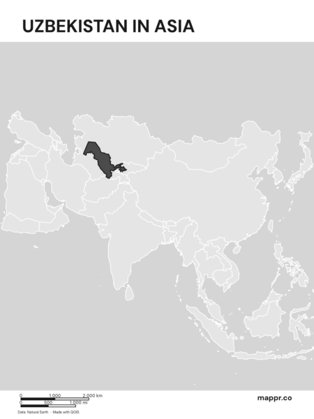 A map highlighting Uzbekistan's location on the asian continent (black and white).