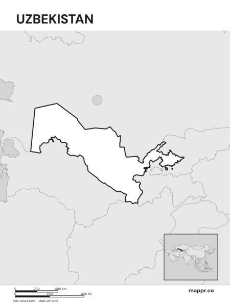 Outline map of Uzbekistan with detailed country borders (black and white).