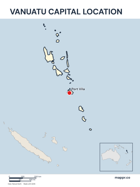 Detailed map pinpointing Port Vila, the capital of Vanuatu.