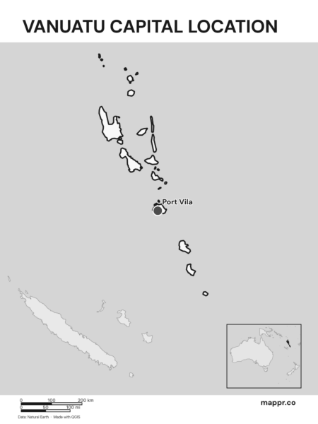 Detailed map pinpointing Port Vila, the capital of Vanuatu (black and white).