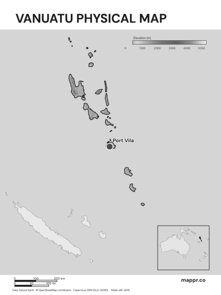 Map featuring Port Vila, the capital of Vanuatu, with rich topographical detail (black and white).