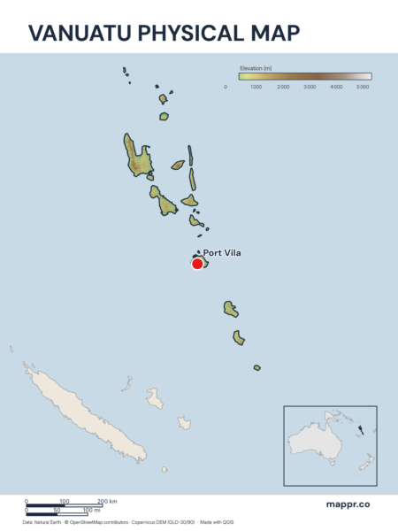 Map featuring Port Vila, the capital of Vanuatu, with rich topographical detail.