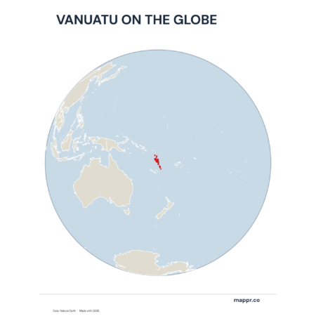 A map highlighting Vanuatu's location on a globe, marked with a red outline.