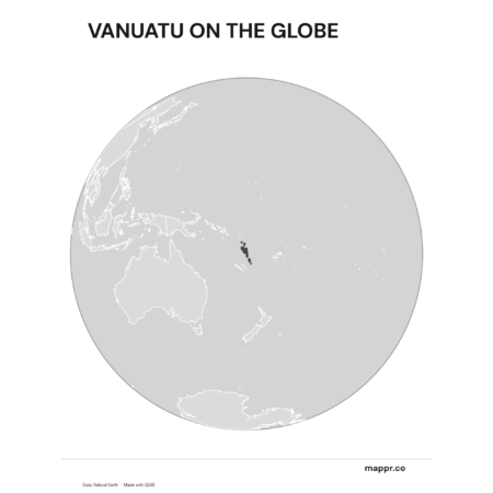 A map highlighting Vanuatu's location on a globe, marked with a red outline (black and white).