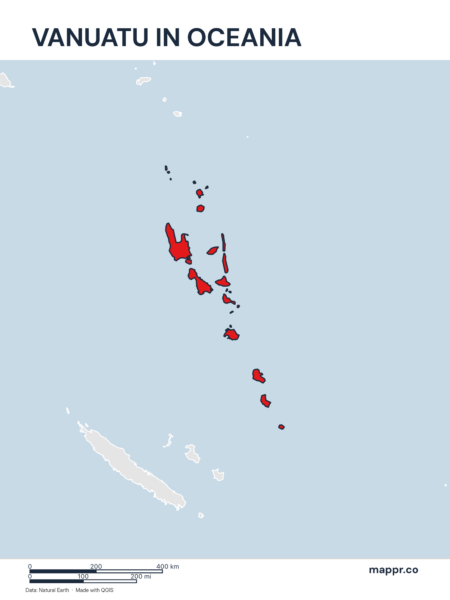 A map highlighting Vanuatu's location on the oceanian continent.