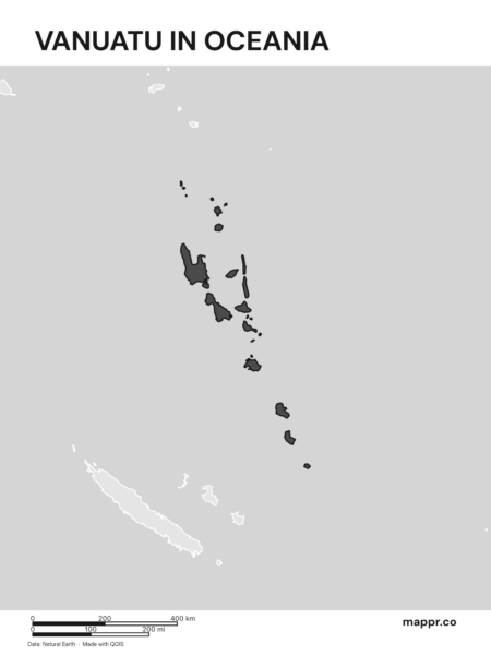 A map highlighting Vanuatu's location on the oceanian continent (black and white).