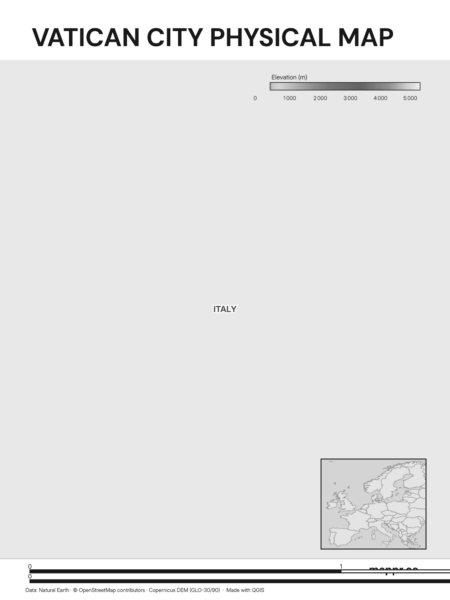 Map featuring Vatican City, the capital of Vatican City, with rich topographical detail (black and white).