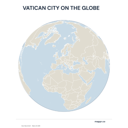 A map highlighting Vatican City's location on a globe, marked with a red outline.