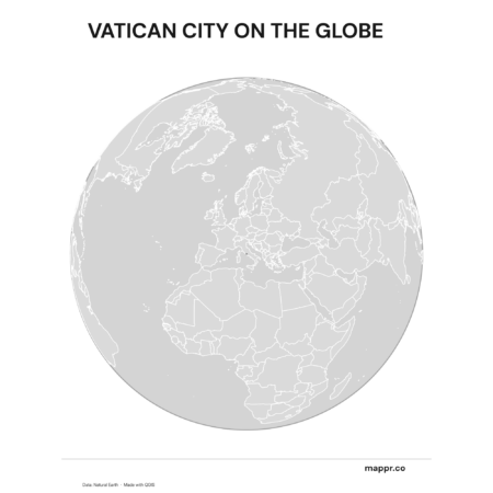 A map highlighting Vatican City's location on a globe, marked with a red outline (black and white).
