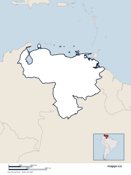 Blank political map of Venezuela showing its international borders without labels.