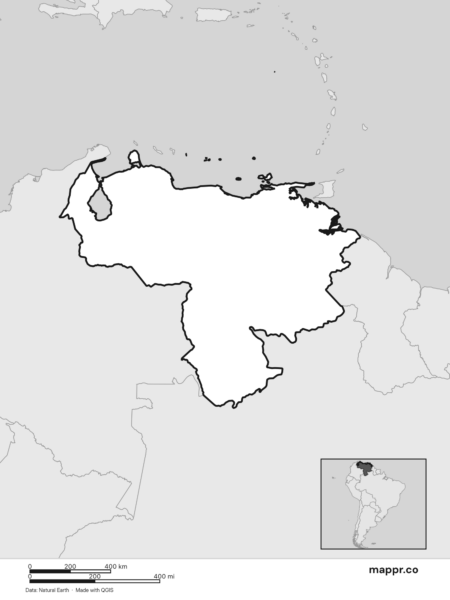 Blank political map of Venezuela showing its international borders without labels (black and white).