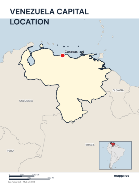 Detailed map pinpointing Caracas, the capital of Venezuela.