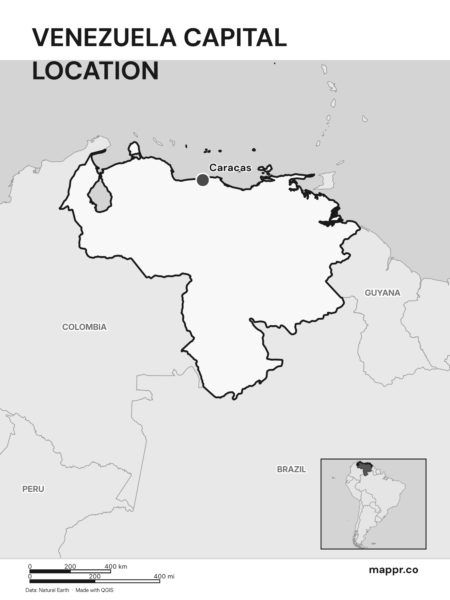 Detailed map pinpointing Caracas, the capital of Venezuela (black and white).