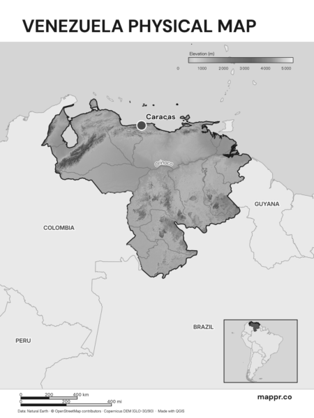 Map featuring Caracas, the capital of Venezuela, with rich topographical detail (black and white).