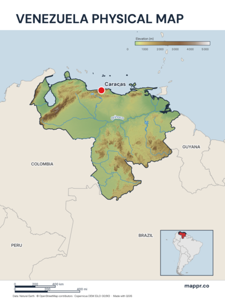 Map featuring Caracas, the capital of Venezuela, with rich topographical detail.