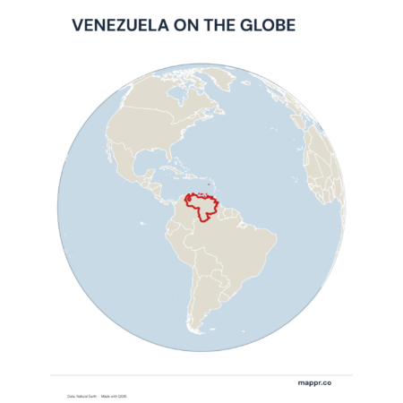 A map highlighting Venezuela's location on a globe, marked with a red outline.