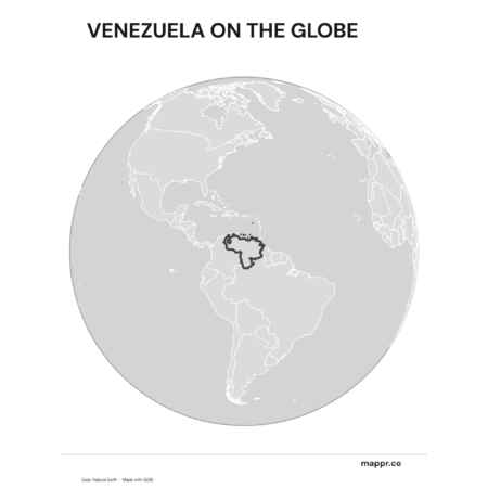 A map highlighting Venezuela's location on a globe, marked with a red outline (black and white).