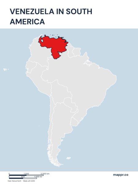 A map highlighting Venezuela's location on the south american continent.