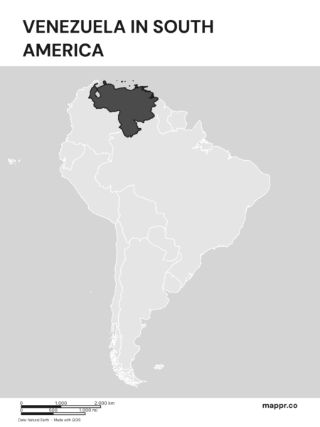 A map highlighting Venezuela's location on the south american continent (black and white).