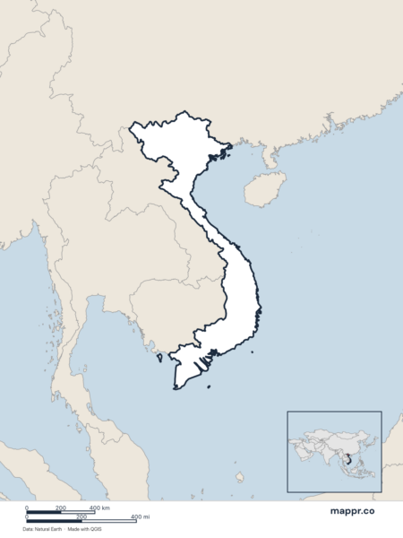 Blank political map of Vietnam showing its international borders without labels.