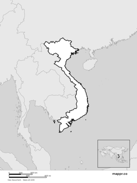 Blank political map of Vietnam showing its international borders without labels (black and white).