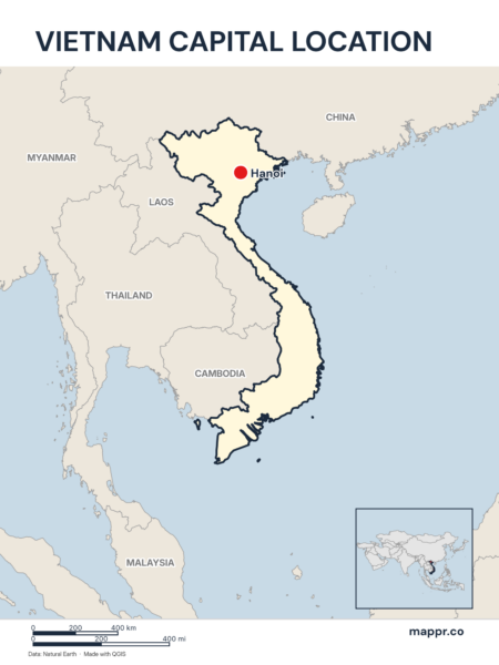 Detailed map pinpointing Hanoi, the capital of Vietnam.