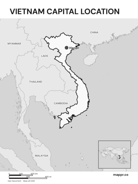 Detailed map pinpointing Hanoi, the capital of Vietnam (black and white).