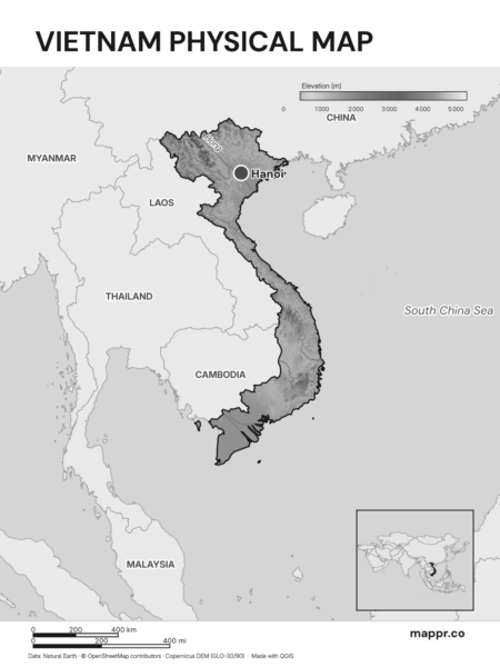 Map featuring Hanoi, the capital of Vietnam, with rich topographical detail (black and white).