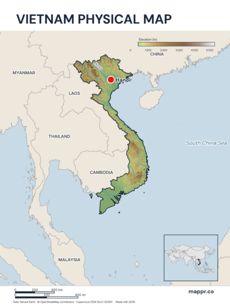 Map featuring Hanoi, the capital of Vietnam, with rich topographical detail.