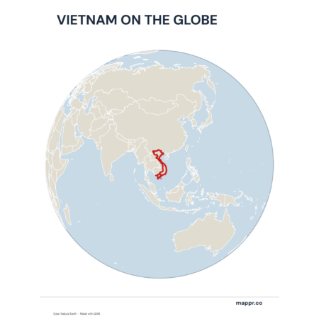 A map highlighting Vietnam's location on a globe, marked with a red outline.