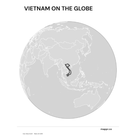 A map highlighting Vietnam's location on a globe, marked with a red outline (black and white).