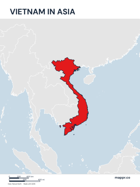 A map highlighting Vietnam's location on the asian continent.