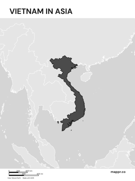 A map highlighting Vietnam's location on the asian continent (black and white).