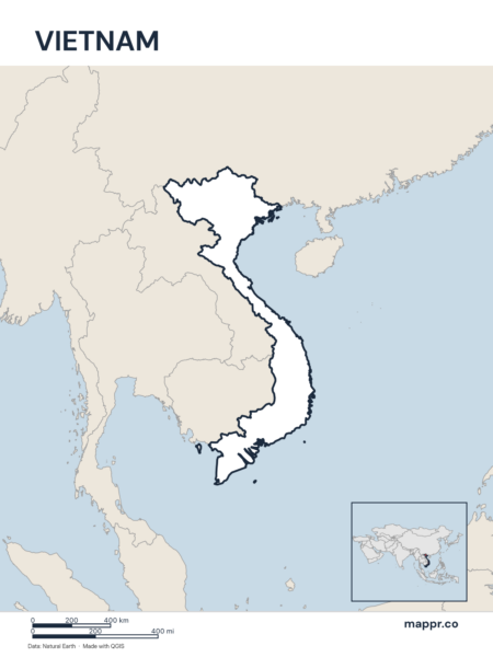 Outline map of Vietnam with detailed country borders.