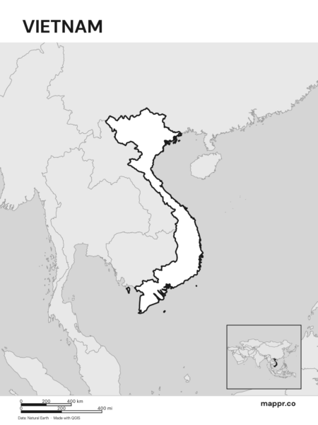 Outline map of Vietnam with detailed country borders (black and white).