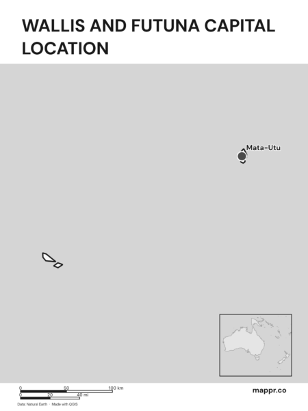 Detailed map pinpointing Mata-Utu, the capital of Wallis and Futuna (black and white).