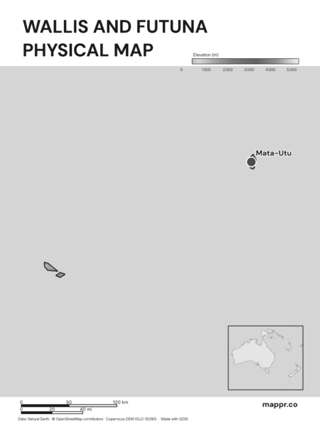 Map featuring Mata-Utu, the capital of Wallis and Futuna, with rich topographical detail (black and white).
