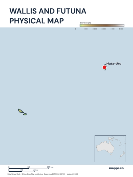 Map featuring Mata-Utu, the capital of Wallis and Futuna, with rich topographical detail.