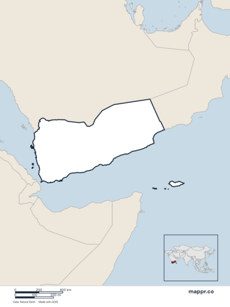 Blank political map of Yemen showing its international borders without labels.