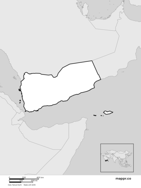 Blank political map of Yemen showing its international borders without labels (black and white).