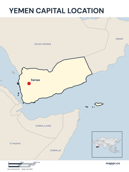 Detailed map pinpointing Sanaa, the capital of Yemen.