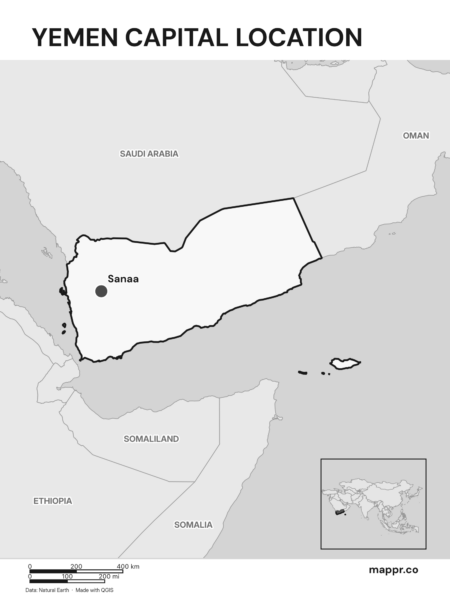 Detailed map pinpointing Sanaa, the capital of Yemen (black and white).