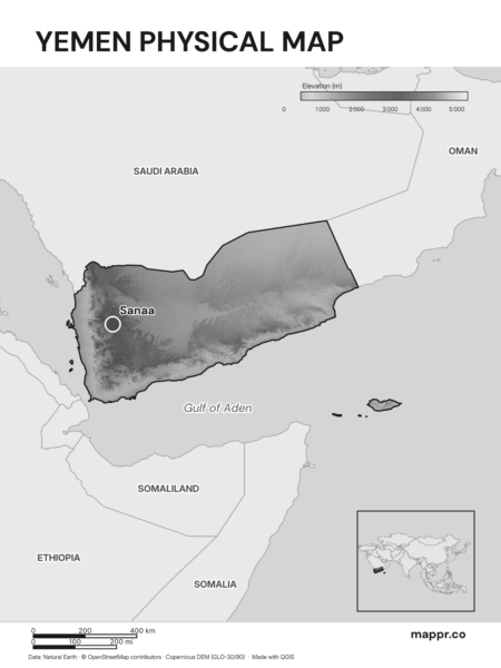 Map featuring Sanaa, the capital of Yemen, with rich topographical detail (black and white).