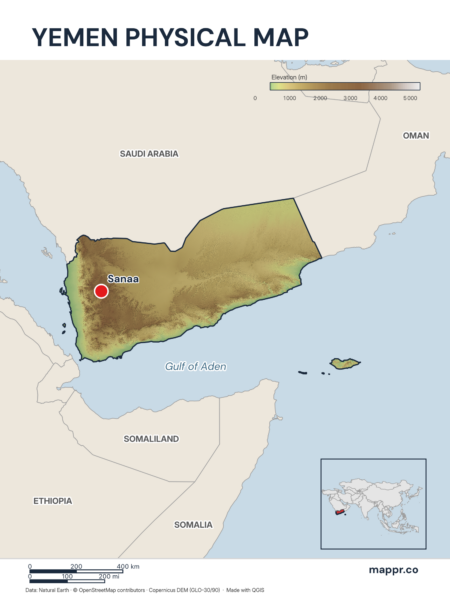 Map featuring Sanaa, the capital of Yemen, with rich topographical detail.