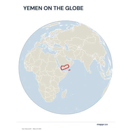 A map highlighting Yemen's location on a globe, marked with a red outline.