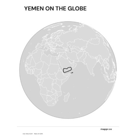 A map highlighting Yemen's location on a globe, marked with a red outline (black and white).
