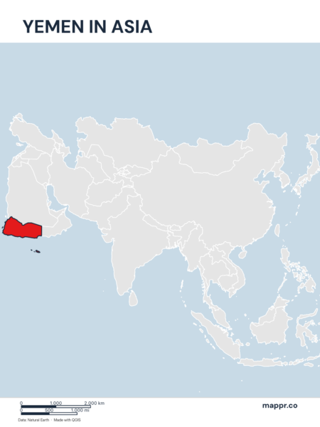 A map highlighting Yemen's location on the asian continent.