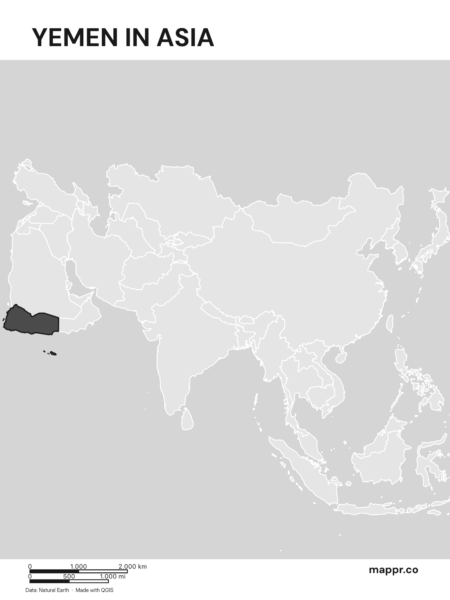 A map highlighting Yemen's location on the asian continent (black and white).