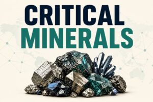 A pile of raw critical mineral ores and crystals over a faint world map, illustrating global mineral supply chains